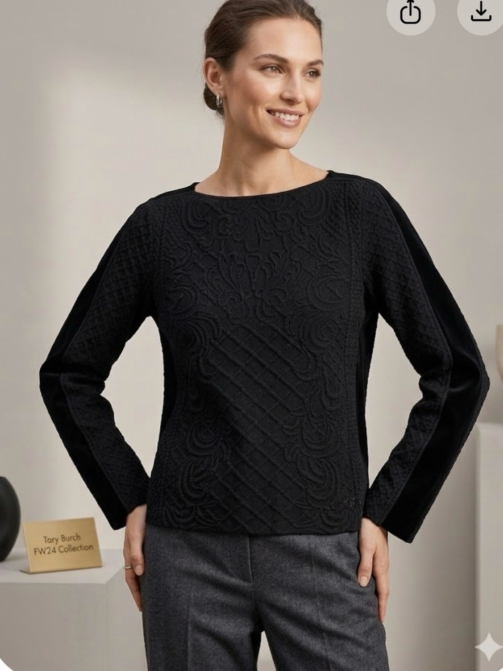 Tory Burch Floral Matelasse Textured Boat Neck Wool Blend Sweater Size L